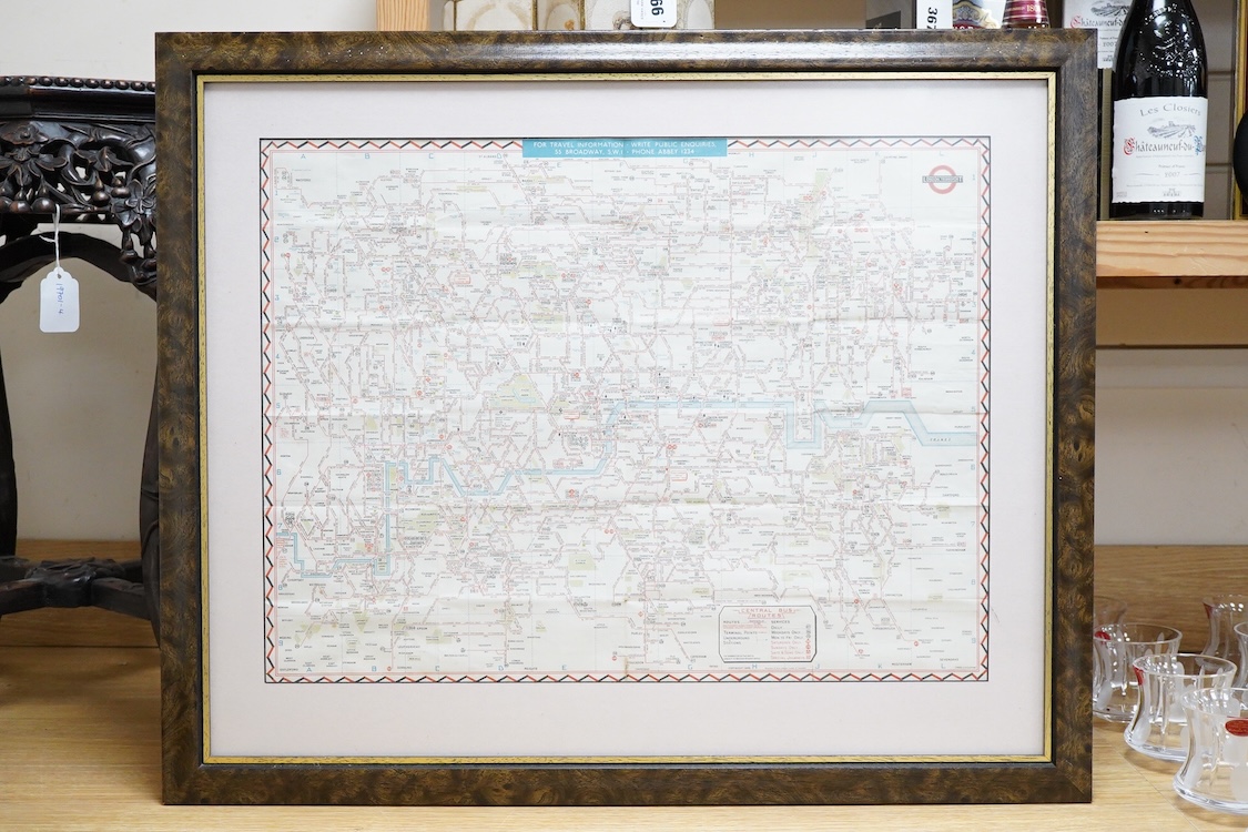A 1946 London Transport Central Bus Route pocket map, 44 x 58cm, now framed